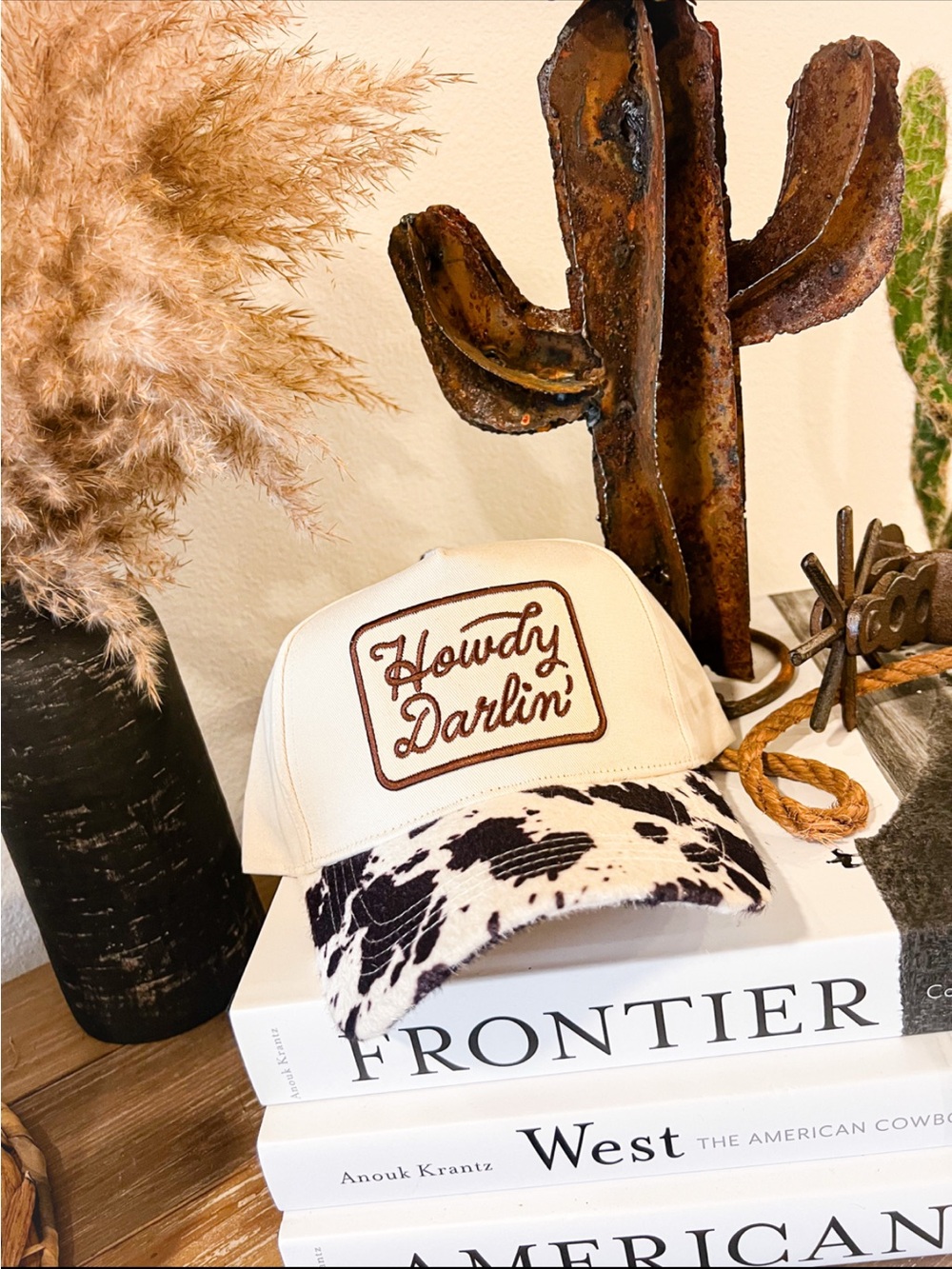 Howdy Darlin' Western Patch Trucker Hat - Cream with Black Cow Print Bill